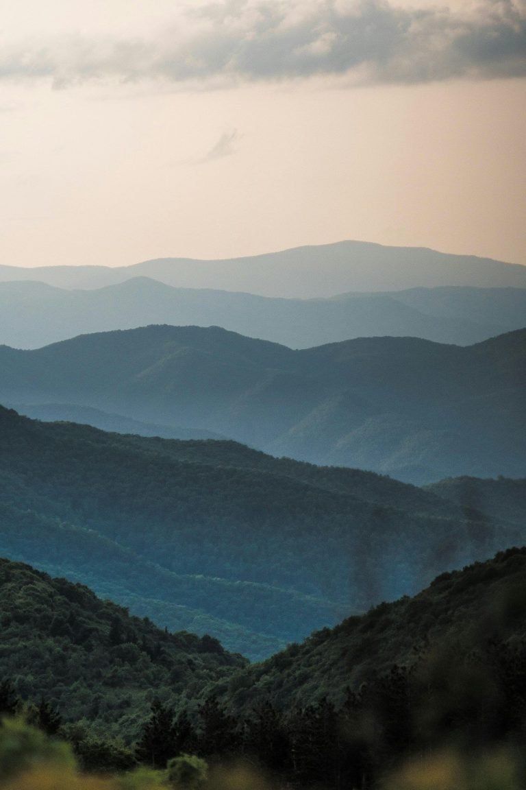 Layered Blue Ridge mountains at dusk
